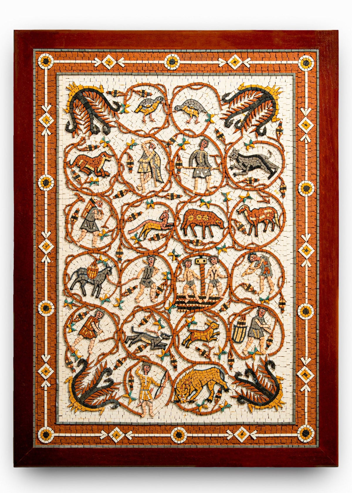 Intricate mosaic artwork featuring mythical creatures and historical figures in vibrant colors, framed elegantly in wood.