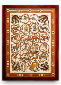 Intricate mosaic artwork featuring mythical creatures and historical figures in vibrant colors, framed elegantly in wood.