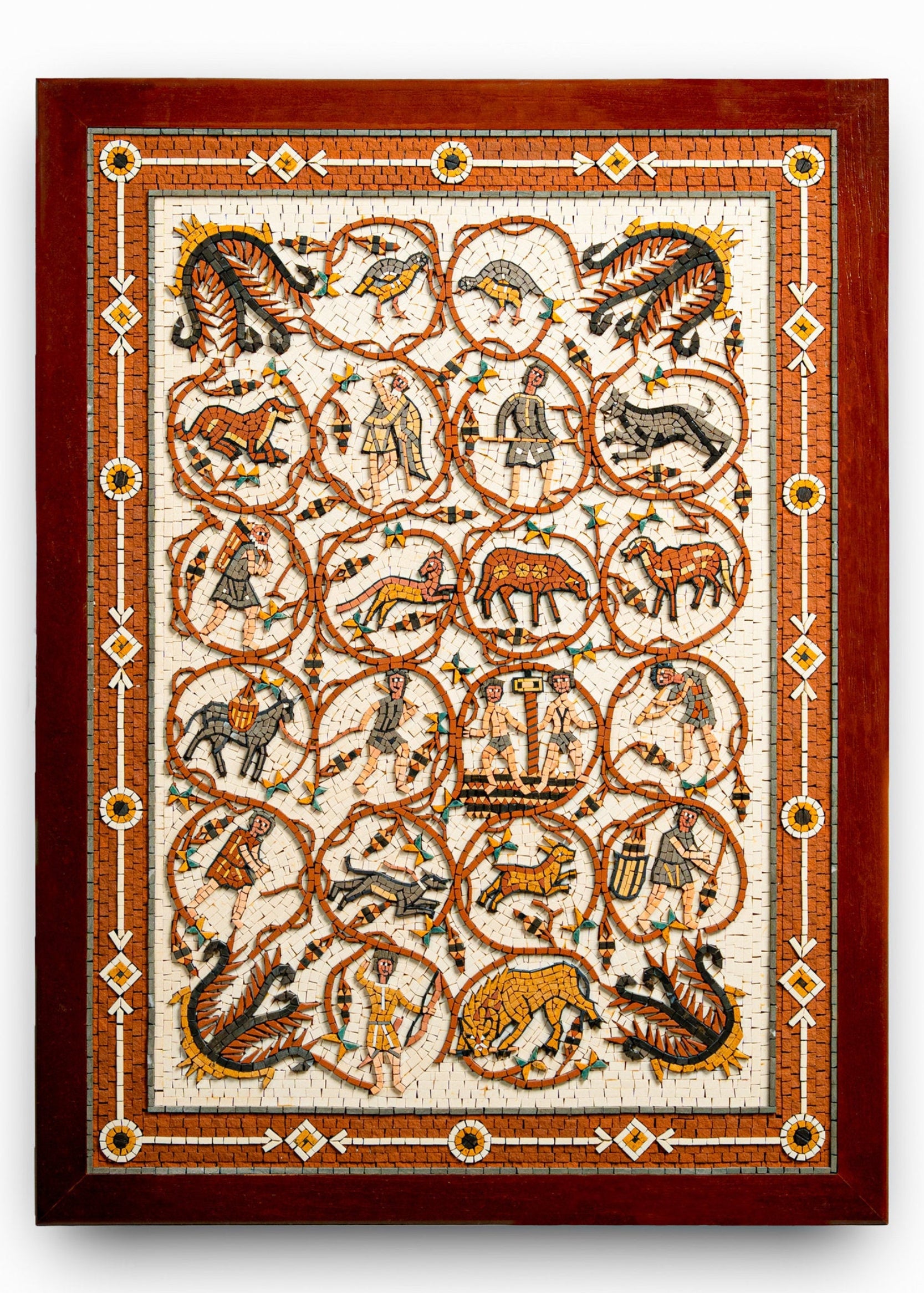 Intricate mosaic artwork featuring mythical creatures and historical figures in vibrant colors, framed elegantly in wood.