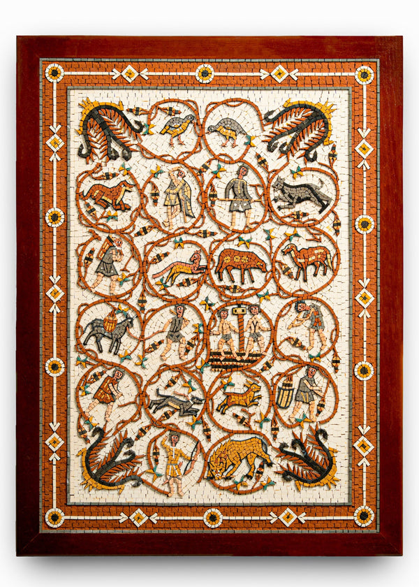 Intricate mosaic artwork featuring mythical creatures and historical figures in vibrant colors, framed elegantly in wood.