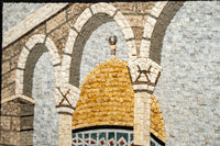 Intricate mosaic art featuring golden dome and arched stone architecture, showcasing detailed craftsmanship and texture.