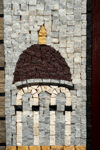 Intricate mosaic art featuring a domed structure in earthy tones with textured stone pieces creating a stunning visual depth