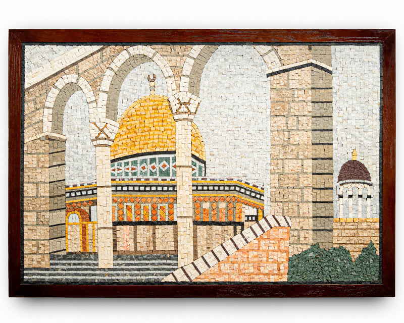 Intricate mosaic art depicting a golden dome structure with arches and stone textures — a vibrant representation of historical architecture.