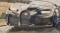 Stylized Bugatti car mosaic artwork featuring intricate tile details and a sleek black finish that captures dynamic motion.