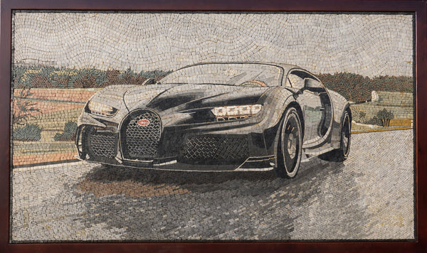 Intricate mosaic artwork featuring a sleek black Bugatti Chiron on a textured background — showcasing detailed craftsmanship and design.