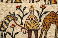 Intricate mosaic artwork depicting a figure in golden attire surrounded by floral motifs and animals in earthy tones