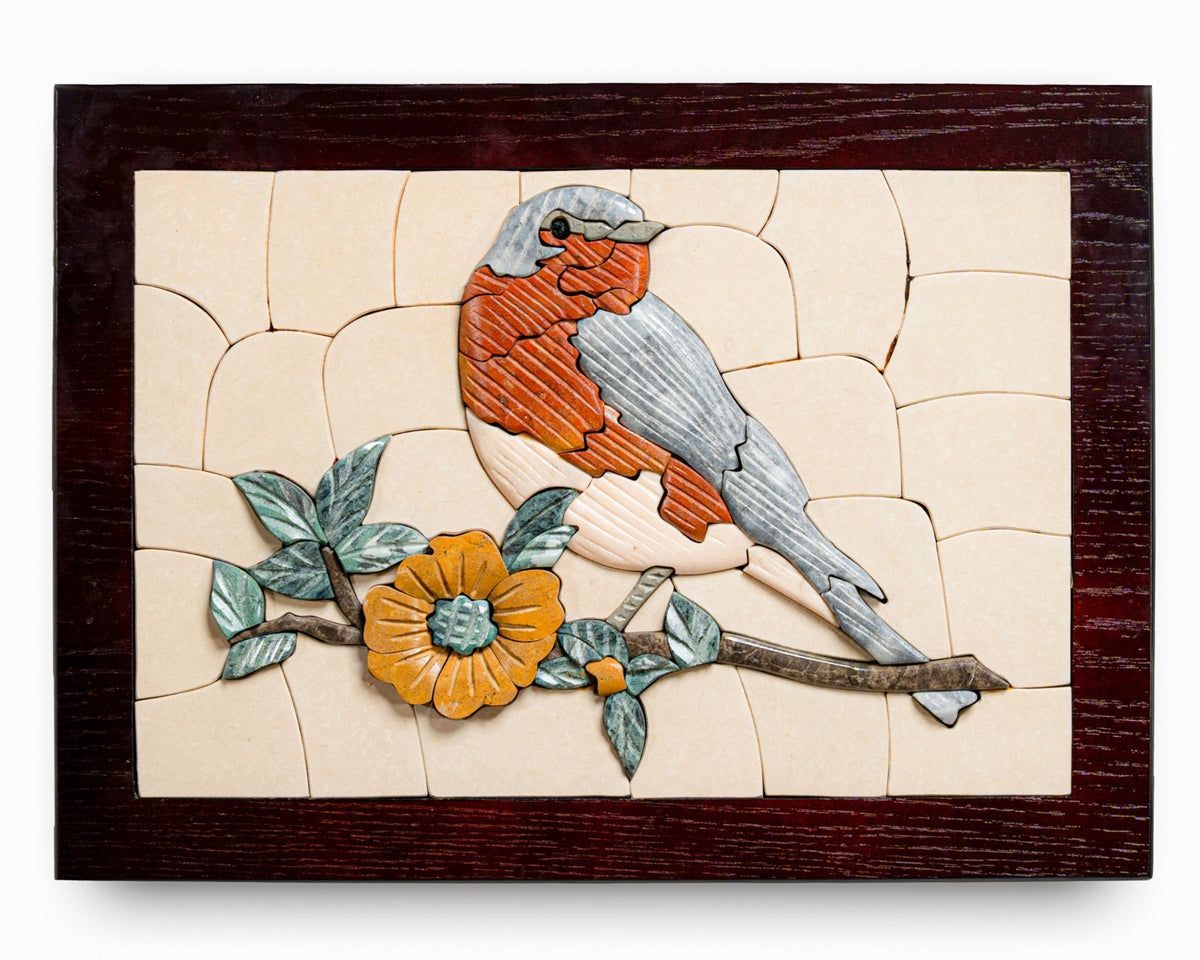 Intricate wooden wall art featuring a carved bird perched on a branch with a vibrant flower — detailed craftsmanship showcases natural textures.