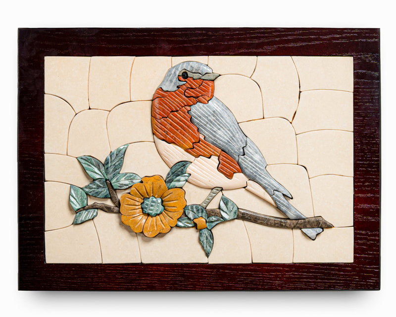 Intricate wooden wall art featuring a carved bird perched on a branch with a vibrant flower — detailed craftsmanship showcases natural textures.