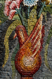 Intricate mosaic artwork featuring a vibrant bird design in rich reds and yellows, surrounded by colorful floral elements.