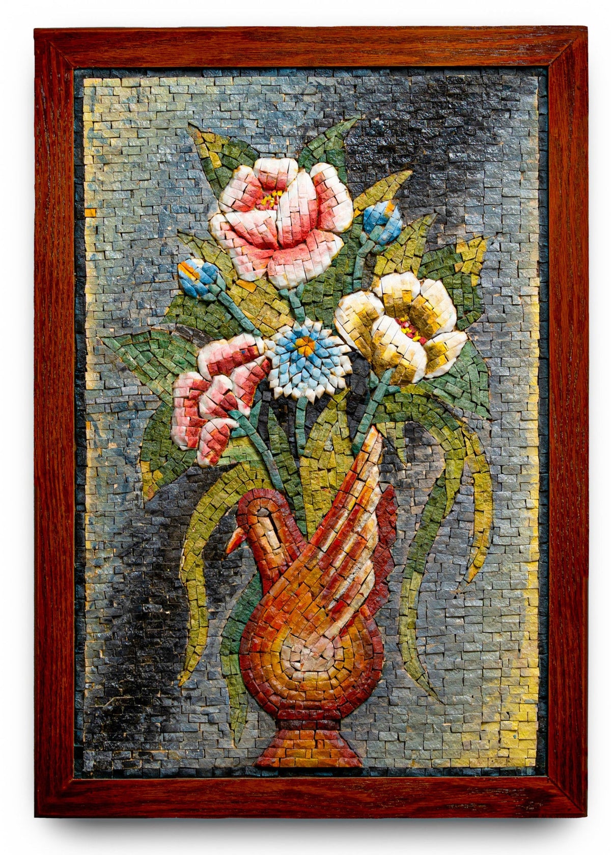 Colorful floral mosaic artwork in a wooden frame — intricate design featuring vibrant flowers and textured details