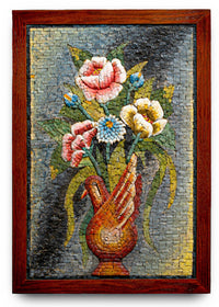 Colorful floral mosaic artwork in a wooden frame — intricate design featuring vibrant flowers and textured details