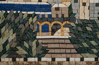 Intricate mosaic artwork featuring a bridge and lush greenery — composed of textured stone tiles in earthy tones.