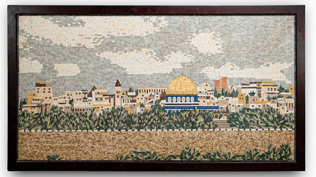 Intricate mosaic artwork depicting a city skyline with a golden dome, framed in dark wood for a classic touch.