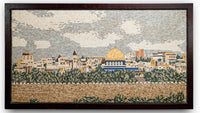 Intricate mosaic artwork depicting a city skyline with a golden dome, framed in dark wood for a classic touch.