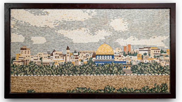Intricate mosaic artwork depicting a city skyline with a golden dome, framed in dark wood for a classic touch.