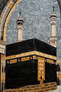 Intricate mosaic artwork depicting the Kaaba in black and gold tiles — a stunning representation of Islamic heritage.
