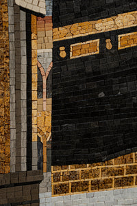 Intricate mosaic artwork showcasing detailed textures in earthy tones—depicting architectural elements of a historic building.