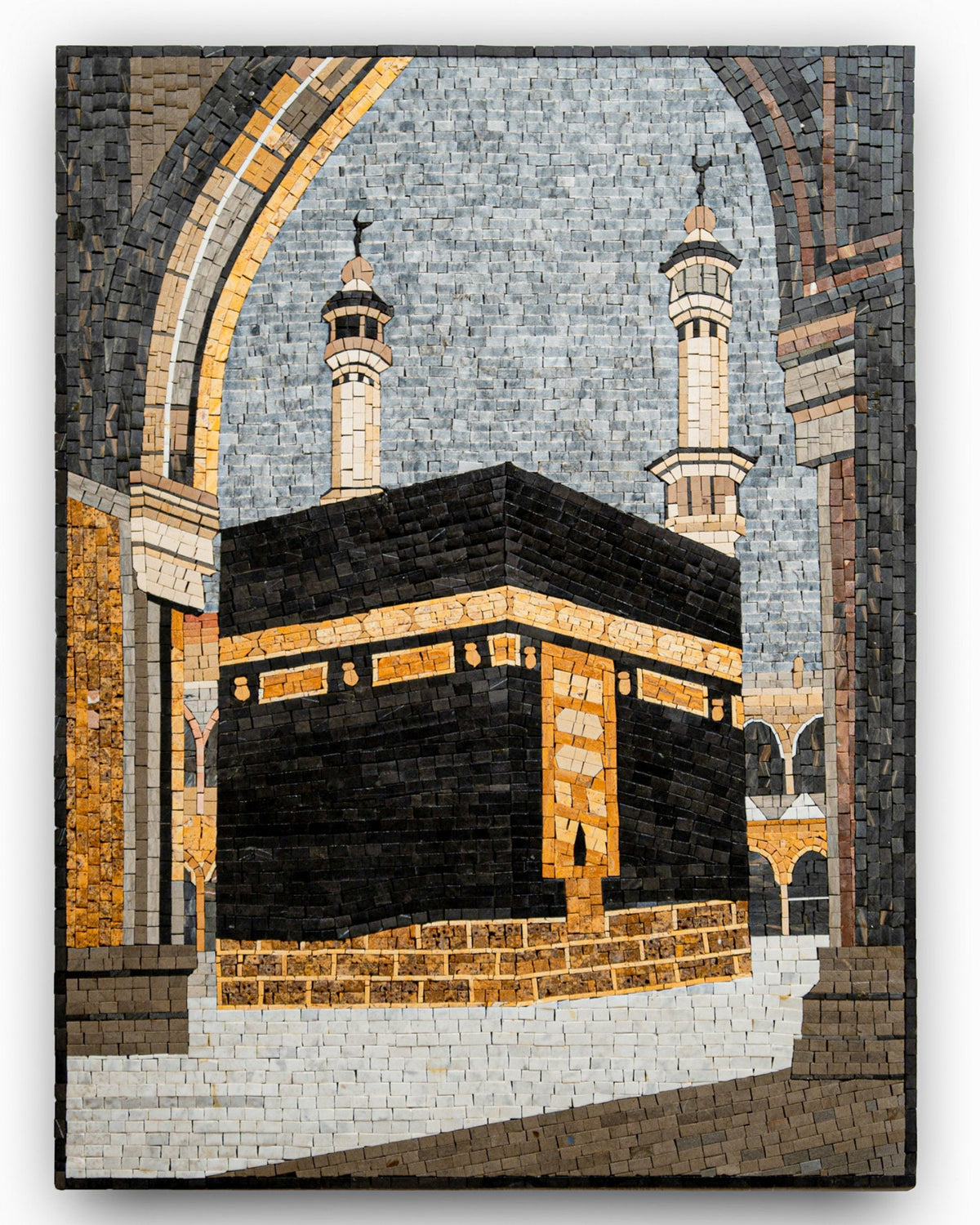 Intricate mosaic artwork depicting the Kaaba in Mecca, featuring detailed stone textures and warm golden accents.