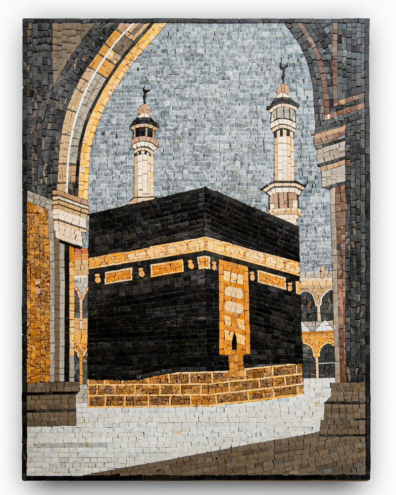 Intricate mosaic artwork depicting the Kaaba in Mecca, featuring detailed stone textures and warm golden accents.