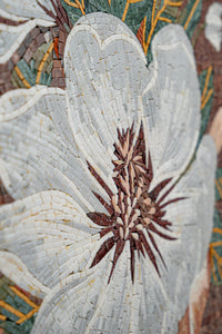 Intricate floral mosaic art featuring white petals and rich brown accents — a stunning display of craftsmanship and texture