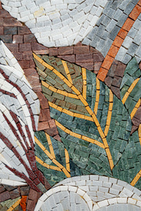 Intricate mosaic art featuring vibrant green and yellow leaves alongside textured earth-toned tiles — a stunning decorative piece.