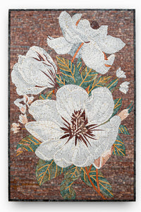Intricate floral mosaic art featuring white flowers and green leaves set against a textured brown background