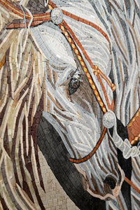 Intricate mosaic artwork featuring a horse's head with detailed textures in earthy tones and a striking bridle design.