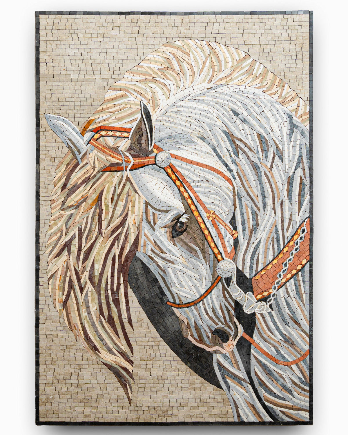 Intricate mosaic artwork depicting a horse's head with flowing mane in earthy tones, showcasing detailed craftsmanship and texture.