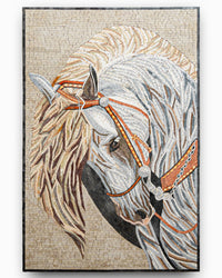 Intricate mosaic artwork depicting a horse's head with flowing mane in earthy tones, showcasing detailed craftsmanship and texture.