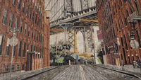 Intricate mosaic artwork depicting a Brooklyn street scene with textured brick buildings and a vibrant underpass.