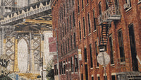 Vibrant mosaic artwork depicting a cityscape with intricate brick textures and detailed architectural elements.
