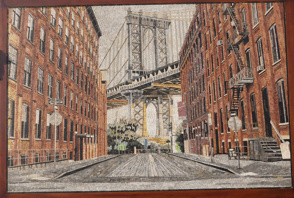 Intricate mosaic artwork depicting the Manhattan Bridge framed by red brick buildings — capturing urban architecture in vibrant detail.