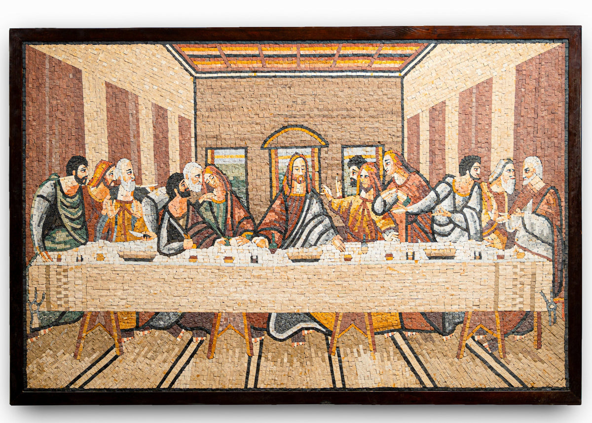 Intricate mosaic artwork depicting the Last Supper with vibrant colors and detailed expressions on each figure's face