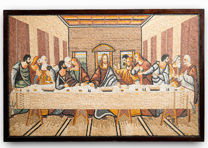 Intricate mosaic artwork depicting the Last Supper with vibrant colors and detailed expressions on each figure's face