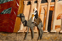Intricate mosaic art depicting a woman riding a camel — crafted from colorful stone tiles with detailed textures.