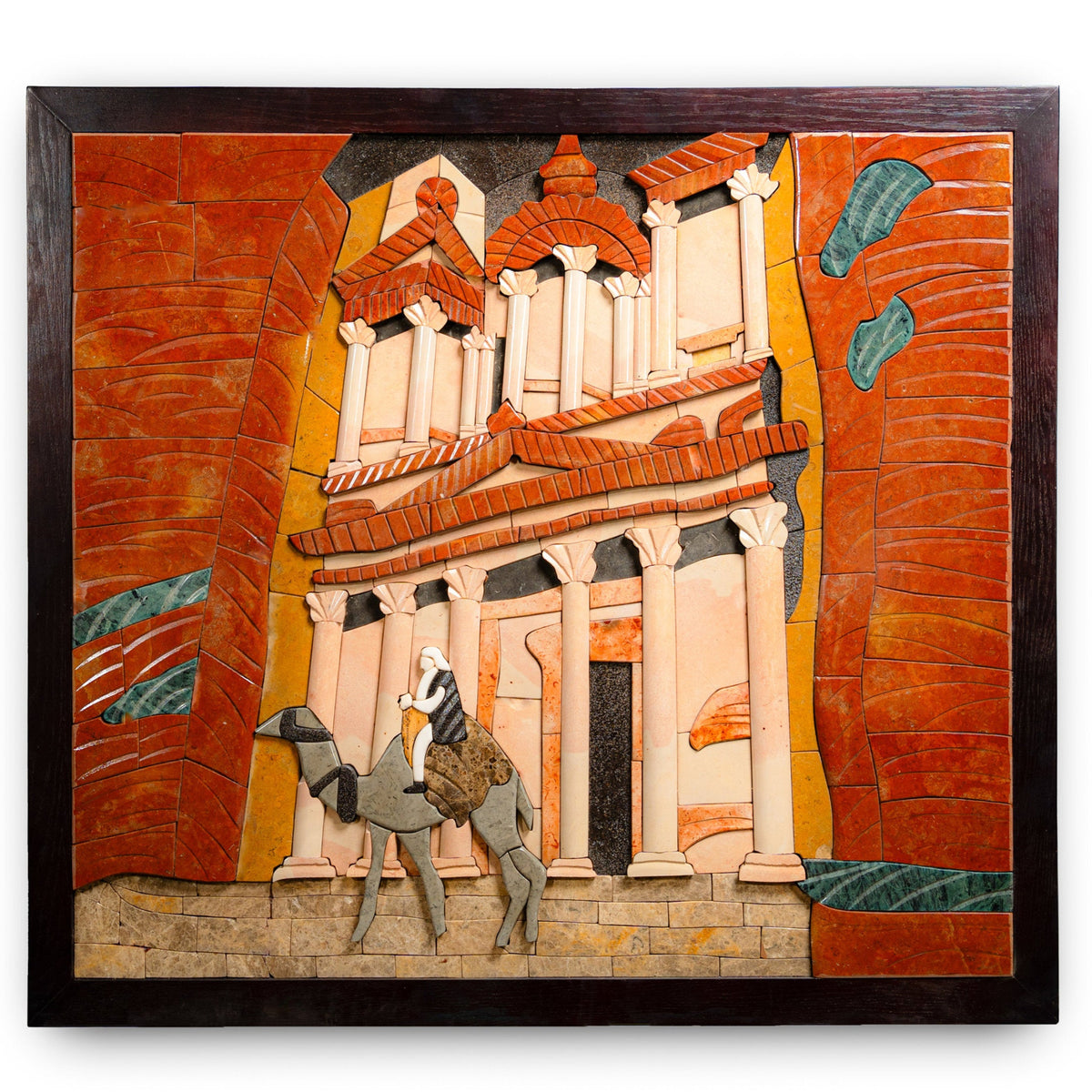 Intricate mosaic art depicting a camel and a figure in front of ancient architecture — vibrant terracotta and stone textures.