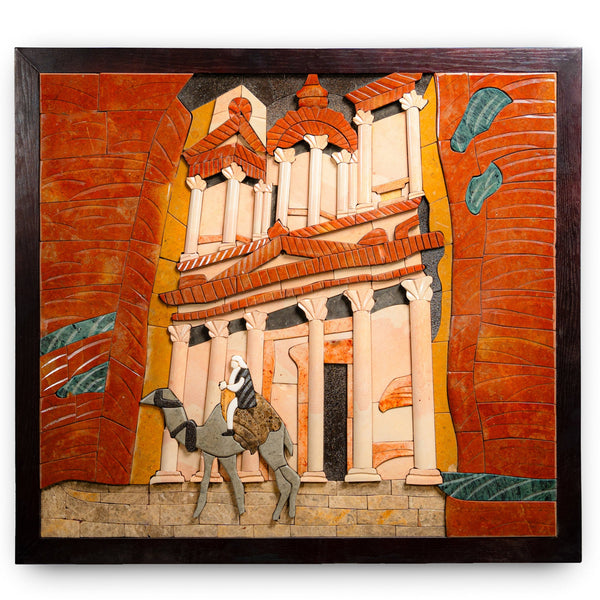 Intricate mosaic art depicting a camel and a figure in front of ancient architecture — vibrant terracotta and stone textures.