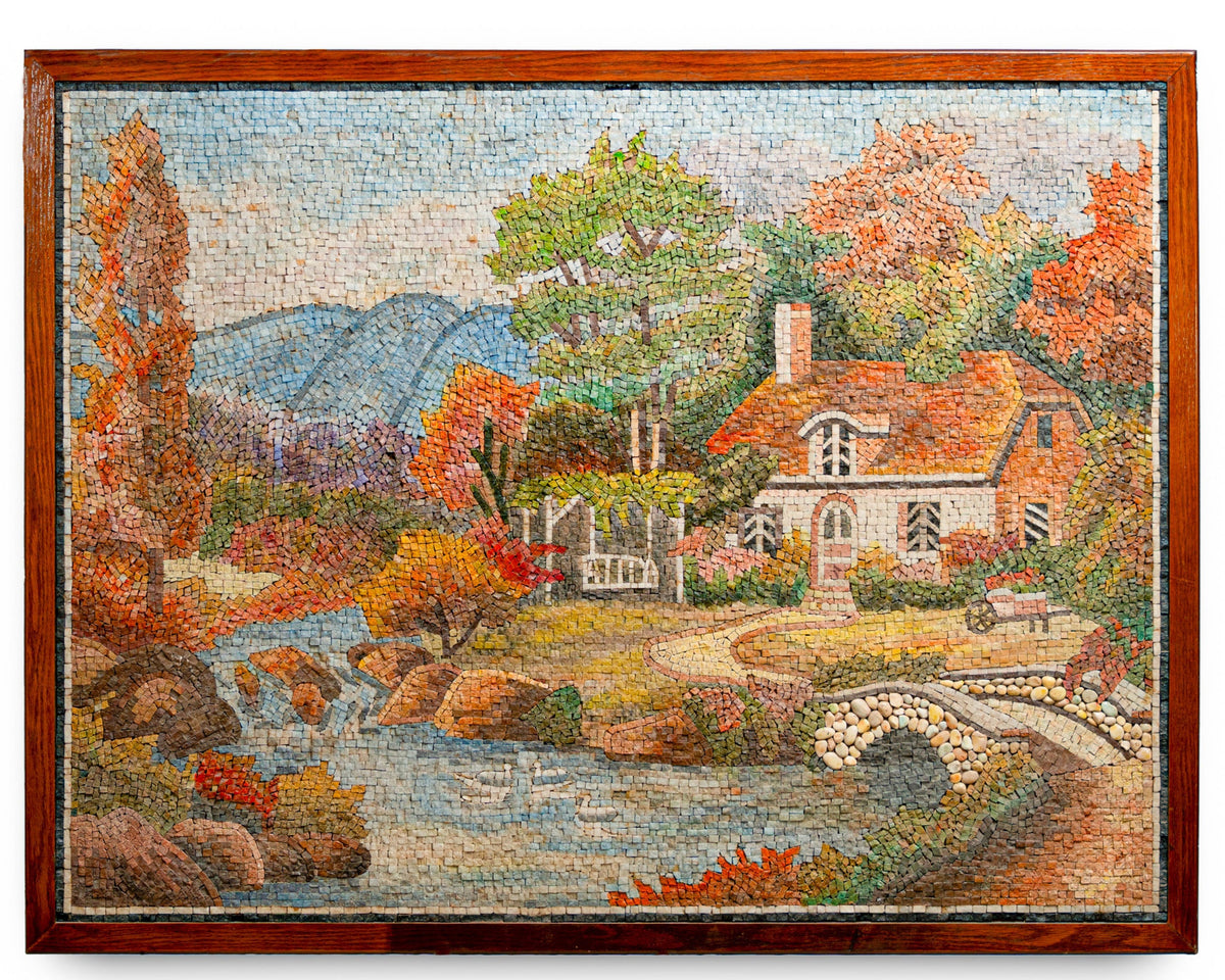 Charming landscape puzzle art featuring a quaint cottage beside a flowing river — vibrant autumn colors and detailed textures.