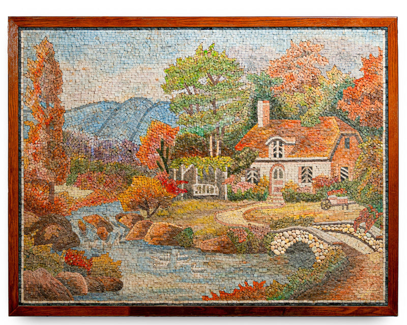 Charming landscape puzzle art featuring a quaint cottage beside a flowing river — vibrant autumn colors and detailed textures.