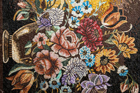 Vibrant floral mosaic artwork featuring roses, sunflowers, and violets — intricately detailed with rich colors and textures