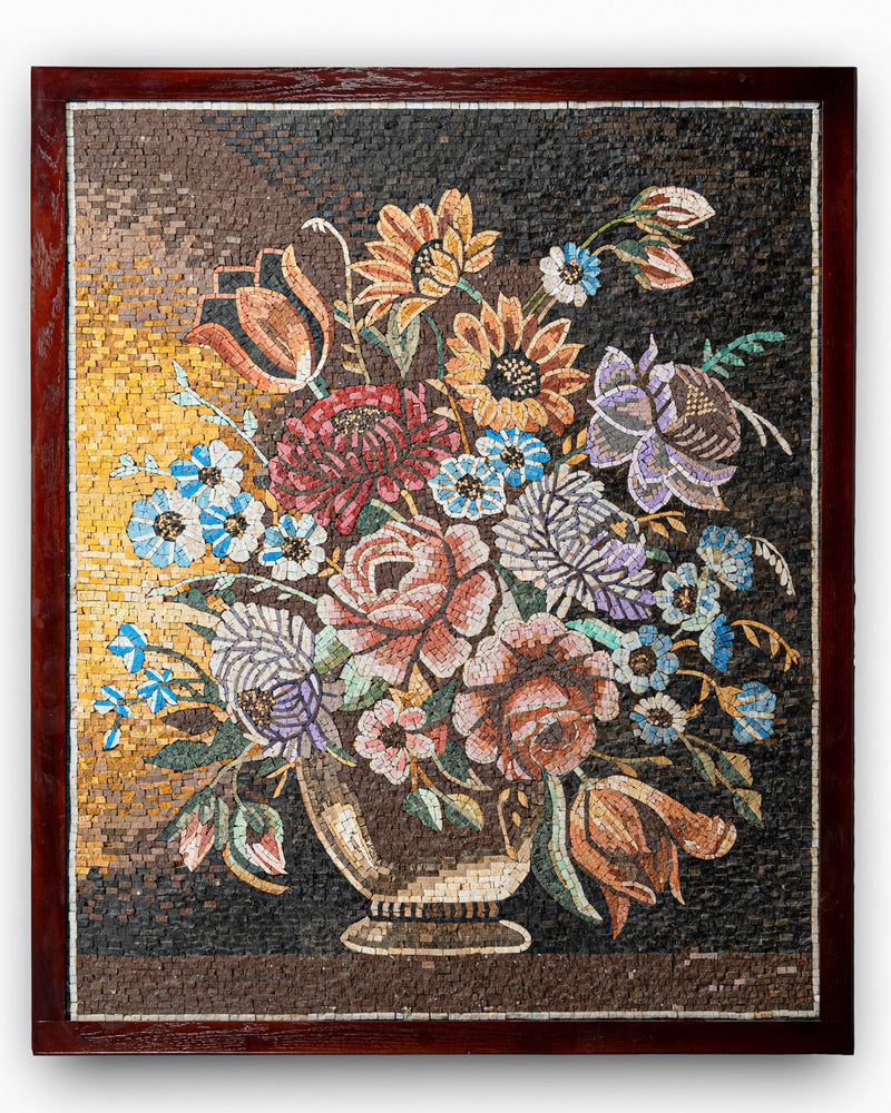 Intricate floral mosaic artwork in vibrant hues set against a warm background — featuring roses, tulips, and sunflowers.