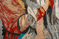 Intricate mosaic artwork featuring vibrant red, blue, and earthy tones — detailed craftsmanship with textured tiles.