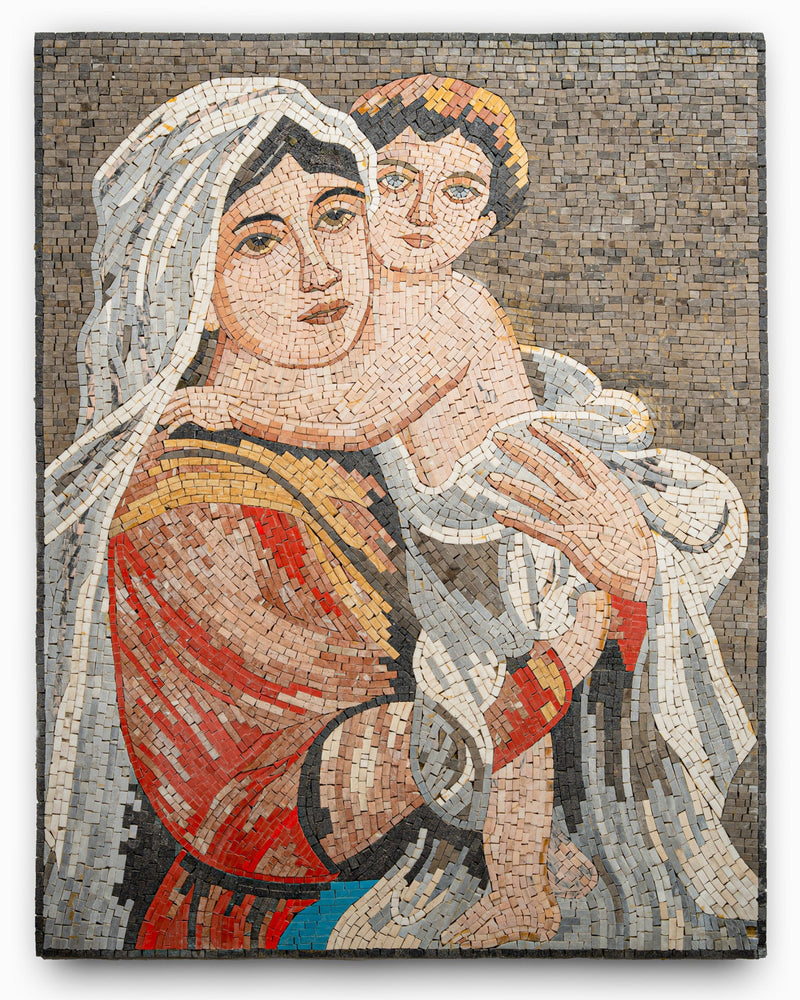 Intricate mosaic artwork depicting a woman holding a child, featuring warm earthy tones and detailed textures.