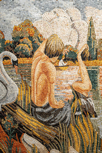 Colorful mosaic artwork depicting a serene lakeside scene with a man and swan amidst autumn foliage.