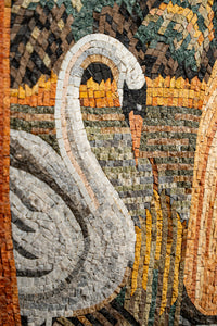 Intricate mosaic artwork featuring a graceful swan in natural tones — crafted with detailed stone pieces for texture.