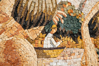 Intricate mosaic artwork featuring earthy tones with textured tiles — a captivating blend of craftsmanship and color.