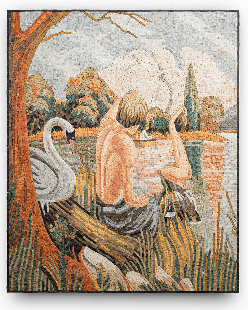 Artistic mosaic depicting a serene scene with a young man and swans by a lake, featuring warm autumn colors and intricate textures.