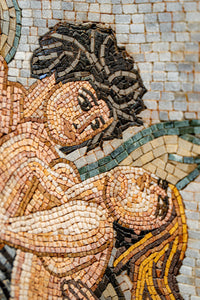 Intricate mosaic artwork depicting a scene with two figures — detailed tesserae create a vibrant historical narrative