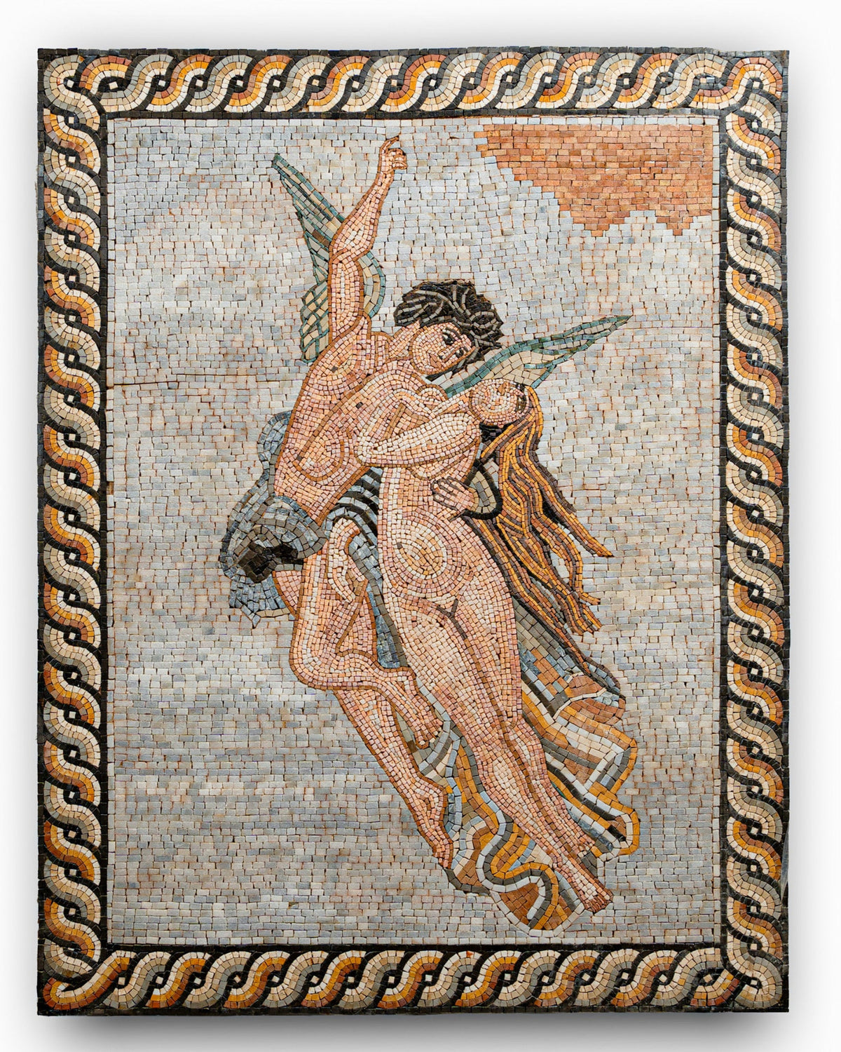 Intricate mosaic artwork depicting a romantic embrace — vibrant tiles create a dynamic scene of love and passion.