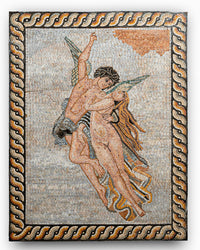 Intricate mosaic artwork depicting a romantic embrace — vibrant tiles create a dynamic scene of love and passion.